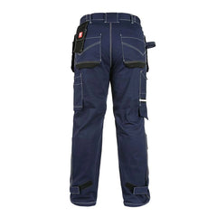 Back view of B111 blue cotton cargo work pants with knee pad pockets and detachable tool pockets