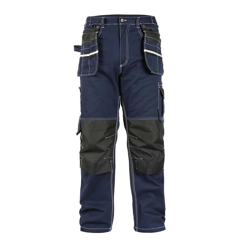 Front view of B111 Blue cotton cargo work pants with knee pad pockets and detachable tool pockets