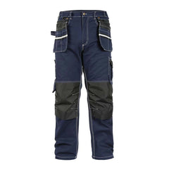 Front view of B111 Blue cotton cargo work pants with knee pad pockets and detachable tool pockets