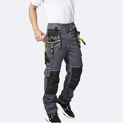 Bottom View of model wearing B111 cotton cargo work pants with knee pad installation and multi-layered pockets