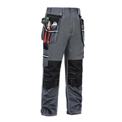 Side view of B111 grey cotton cargo work pants with knee pad pockets and detachable tool pockets