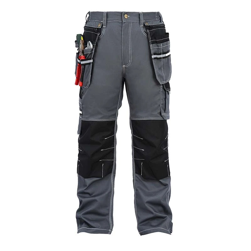 Front view of B111 grey cotton cargo work pants with knee pad pockets and detachable tool pockets