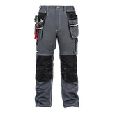 Front view of B111 grey cotton cargo work pants with knee pad pockets and detachable tool pockets