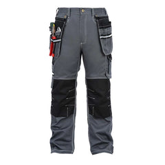 Front view of B111 grey cotton cargo work pants with knee pad pockets and detachable tool pockets