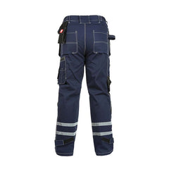 Back view of B114 Blue 100% cotton work pants with knee pads, hanging tool pockets filled with tools, and reflective stripes