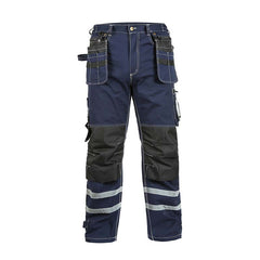 Front view of B114 Blue 100% cotton work pants with knee pad pockets, hanging tool pockets, and reflective stripes