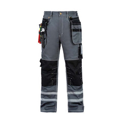 Front view of B114 100% cotton grey work pants with knee pads, hanging tool pockets, and reflective stripes