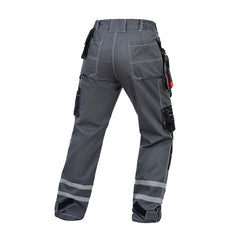 Back view of B114 Grey 100% cotton work pants with knee pad pockets, hanging tool pockets, and reflective stripes