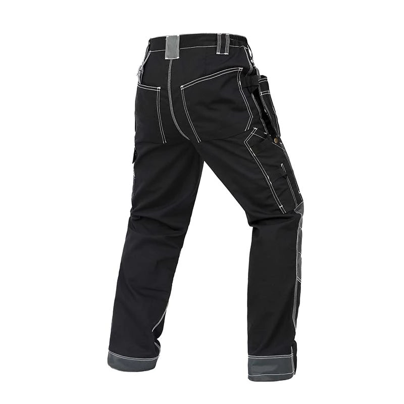 Back view of B128 Black polyester cotton cargo work pants with detachable tool pockets and reinforced knees