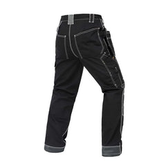 Back view of B128 Black polyester cotton cargo work pants with detachable tool pockets and reinforced knees