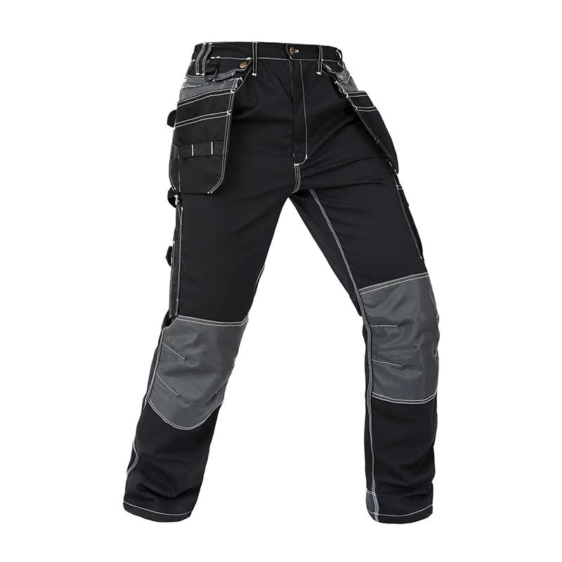 Front view of B128 Black polyester cotton cargo work pants with detachable tool pockets and reinforced knees
