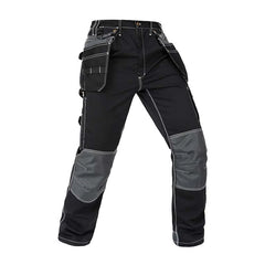 Front view of B128 Black polyester cotton cargo work pants with detachable tool pockets and reinforced knees