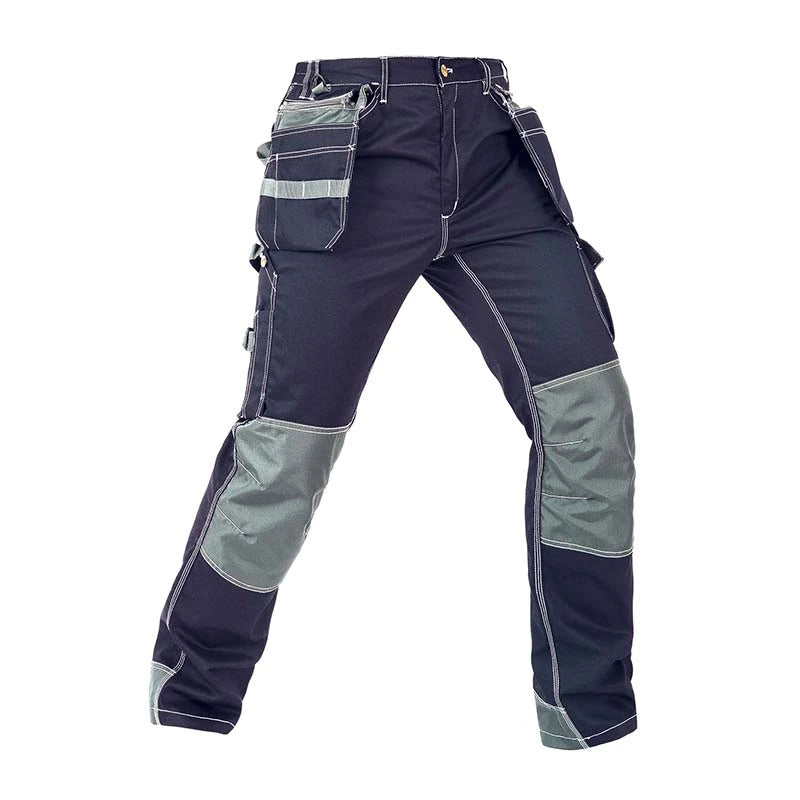 Front view of B128 Blue polyester cotton cargo work pants with detachable tool pockets and reinforced knees