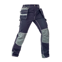 Front view of B128 Blue polyester cotton cargo work pants with detachable tool pockets and reinforced knees