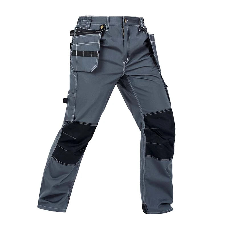Front view of B128 Grey polyester cotton cargo work pants with detachable tool pockets and reinforced knees
