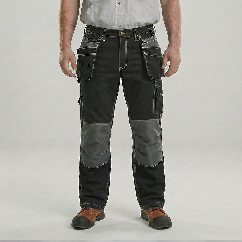 Calça cargo de trabalho em poliéster e algodão com bolsos amovíveis para ferramentas e reforço nos joelhos – B128