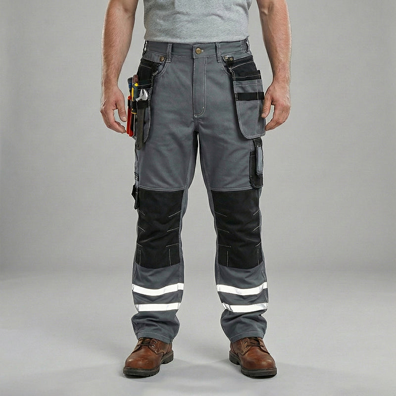 Front View of model wearing B114 100% cotton work pants with hanging tool pockets and reflective stripes, showing removable knee pads